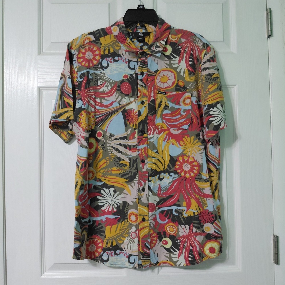 Volcom Hawaiian Shirt Men Large Floral Tropical Leaf Print Modern Fit Button Up